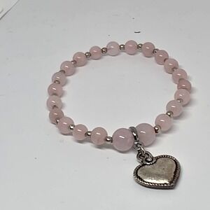 Rose Quartz Pink Beaded Stretch Bracelet with Heart Charm Womens